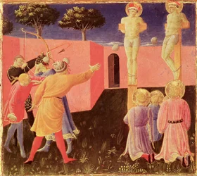 Die Kreuzigung und Steinigung der Heiligen Cosmas und Damian, Predella vom Annalena-Altar, 1434